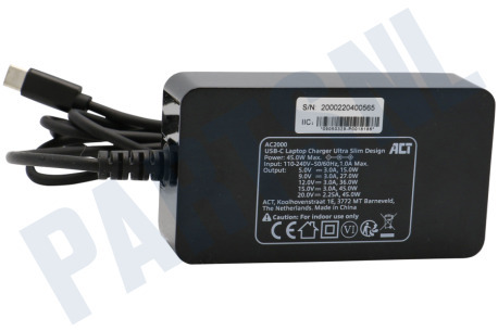 ACT AC2000 USB-C laptoplader met Power Delivery profielen 45W