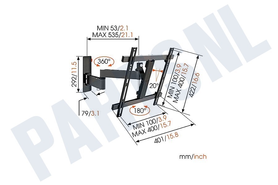 Vogels WALL 3245 Draai-/Kantelbare muursteun voor TV schermen 32-55 inch