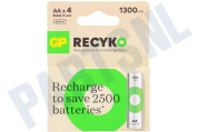 GP GPRCK130AA611C4  LR6 ReCyko+ AA 1300 - 4 oplaadbare batterijen geschikt voor o.a. 1300mAh NiMH