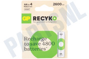 GP GPRCK260AA574C4  LR6 ReCyko+ AA 2600 - 4 oplaadbare batterijen geschikt voor o.a. 2600mAh NiMH