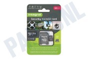 Integral  INMSDX64G10-SEC 64GB Security Micro SD 4K V30 UHS-1U3 A1 Class 10 geschikt voor o.a. Dash Cam en beveiligingscamera