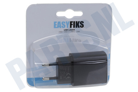 Easyfiks  USB lader Type-C + Type-A, 20Watt