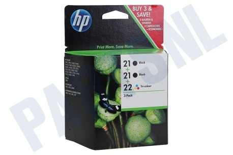 HP Hewlett-Packard  HP 21-21-22 Inktcartridge No. 21 2x Black + No. 22 Tri-colour